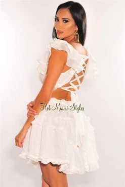 Vendor-unknown White V Neck Ruffle Cut Out Lace Up Back Dress Just In