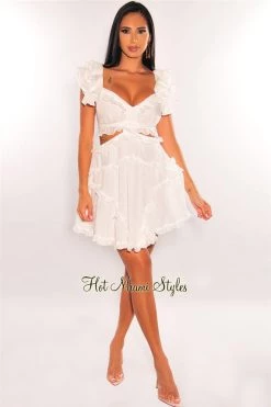 Vendor-unknown White V Neck Ruffle Cut Out Lace Up Back Dress Just In