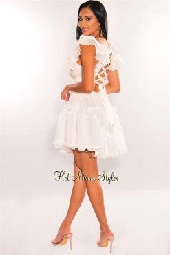 Vendor-unknown White V Neck Ruffle Cut Out Lace Up Back Dress Just In