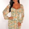 Vendor-unknown Just In Sage Floral Print Mesh Ruched Ruffle Laced Hem Dress