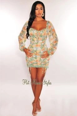 Vendor-unknown Just In Sage Floral Print Mesh Ruched Ruffle Laced Hem Dress