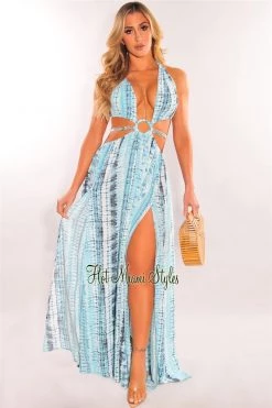 Vendor-unknown Just In Teal Tie Dye O-Ring Cut Out Silver Belted Double Slit Maxi Dress