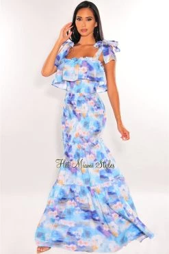 Vendor-unknown Blue Multi Color Tie Up Ruffle Smocked Maxi Dress Just In