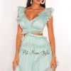 Vendor-unknown Just In Mint V Neck Ruffle Cut Out Lace Up Back Dress
