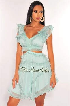 Vendor-unknown Just In Mint V Neck Ruffle Cut Out Lace Up Back Dress
