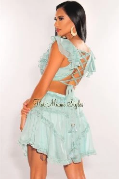 Vendor-unknown Just In Mint V Neck Ruffle Cut Out Lace Up Back Dress