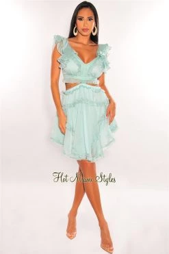 Vendor-unknown Just In Mint V Neck Ruffle Cut Out Lace Up Back Dress