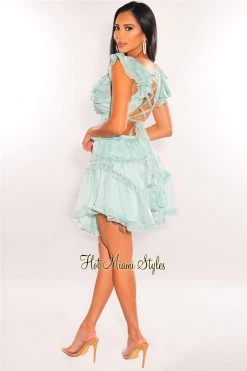 Vendor-unknown Just In Mint V Neck Ruffle Cut Out Lace Up Back Dress