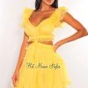 Vendor-unknown Yellow V Neck Ruffle Cut Out Lace Up Back Dress