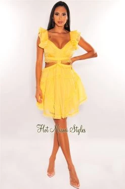 Vendor-unknown Yellow V Neck Ruffle Cut Out Lace Up Back Dress