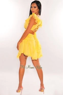 Vendor-unknown Yellow V Neck Ruffle Cut Out Lace Up Back Dress