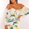 Vendor-unknown White Floral Print Off Shoulder Long Sleeves Ruched Dress Just In