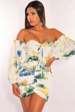 Vendor-unknown White Floral Print Off Shoulder Long Sleeves Ruched Dress Just In