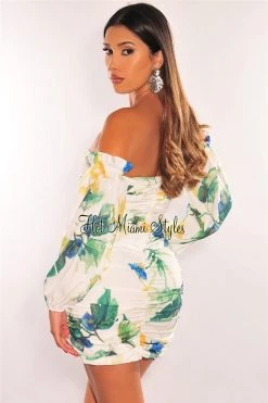 Vendor-unknown White Floral Print Off Shoulder Long Sleeves Ruched Dress Just In