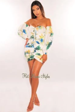 Vendor-unknown White Floral Print Off Shoulder Long Sleeves Ruched Dress Just In