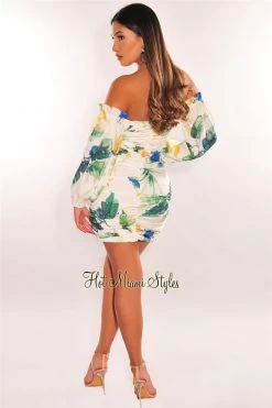 Vendor-unknown White Floral Print Off Shoulder Long Sleeves Ruched Dress Just In