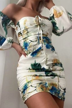Vendor-unknown White Floral Print Off Shoulder Long Sleeves Ruched Dress Just In