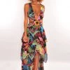 Vendor-unknown Black Multi Color Print Cut Out Lace Up Back Belted Slit Maxi Dress Just In