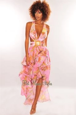 Vendor-unknown Lilac Multi Color Print Cut Out Lace Up Back Belted Slit Maxi Dress Just In