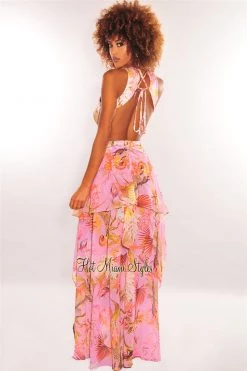 Vendor-unknown Lilac Multi Color Print Cut Out Lace Up Back Belted Slit Maxi Dress Just In