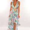 Vendor-unknown Mint Multi Color Print Cut Out Lace Up Back Belted Slit Maxi Dress Just In
