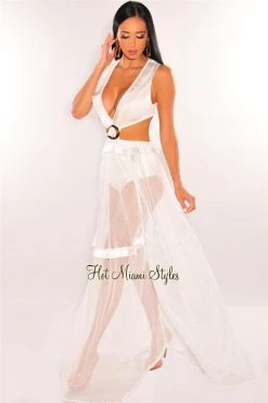 Vendor-unknown White Fringe Cut Out Lace Up Back Sleeveless Maxi Dress