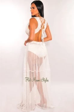 Vendor-unknown White Fringe Cut Out Lace Up Back Sleeveless Maxi Dress