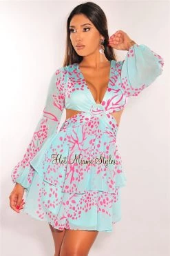 Vendor-unknown Just In Aqua Pink Print V Neck Long Sleeve O-Ring Cut Out Dress