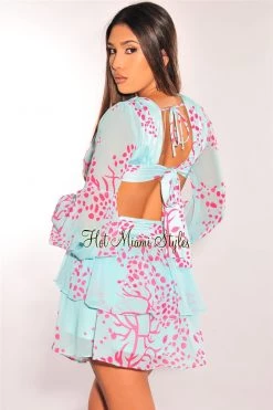Vendor-unknown Just In Aqua Pink Print V Neck Long Sleeve O-Ring Cut Out Dress