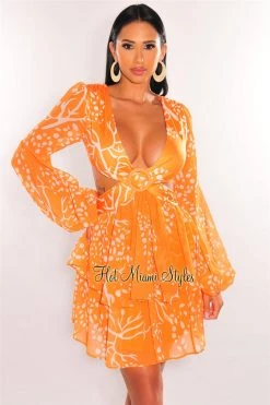 Vendor-unknown Orange Cream Print V Neck Long Sleeve O-Ring Cut Out Dress