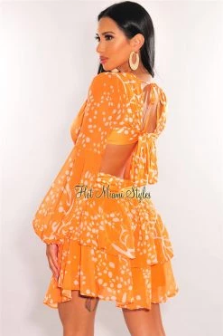Vendor-unknown Orange Cream Print V Neck Long Sleeve O-Ring Cut Out Dress