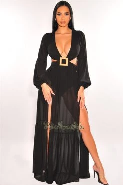 Vendor-unknown Black Mesh V Neck Cut Out Long Sleeves Double Slit Maxi Dress Just In