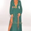 Vendor-unknown Emerald Mesh V Neck Cut Out Long Sleeves Double Slit Maxi Dress Just In