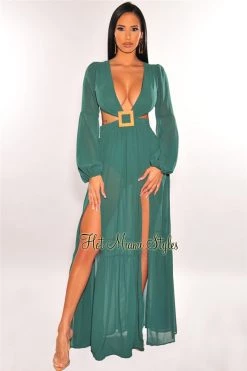 Vendor-unknown Emerald Mesh V Neck Cut Out Long Sleeves Double Slit Maxi Dress Just In