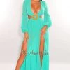 Vendor-unknown Teal Mesh V Neck Cut Out Long Sleeves Double Slit Maxi Dress