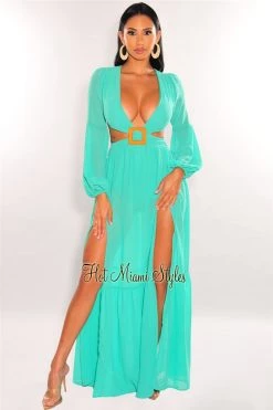 Vendor-unknown Teal Mesh V Neck Cut Out Long Sleeves Double Slit Maxi Dress