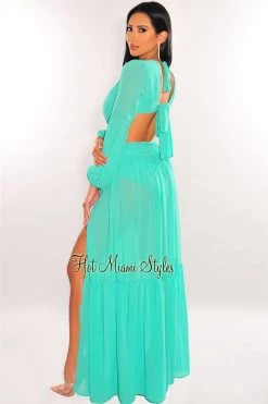 Vendor-unknown Teal Mesh V Neck Cut Out Long Sleeves Double Slit Maxi Dress
