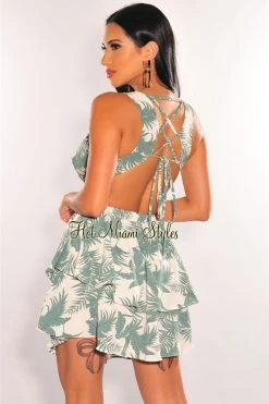 Vendor-unknown White Palm Print V Neck Cut Out Lace Up Back Dress
