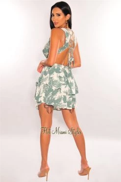 Vendor-unknown White Palm Print V Neck Cut Out Lace Up Back Dress