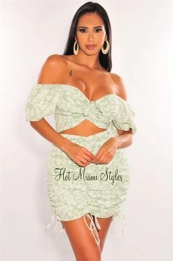 Vendor-unknown Mint Green Floral Print Off Shoulder Cut Out Ruched Dress Just In