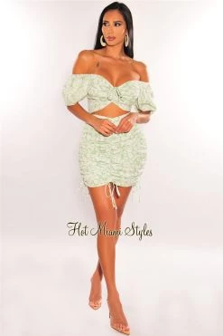 Vendor-unknown Mint Green Floral Print Off Shoulder Cut Out Ruched Dress Just In
