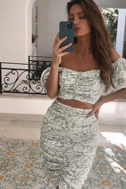 Vendor-unknown Mint Green Floral Print Off Shoulder Cut Out Ruched Dress Just In