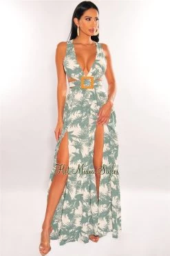 Vendor-unknown White Palm Print Cut Out Lace Up Back Belted Double Slit Maxi Dress Just In