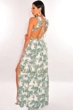 Vendor-unknown White Palm Print Cut Out Lace Up Back Belted Double Slit Maxi Dress Just In