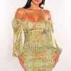 Vendor-unknown Green Print Off Shoulder Long Sleeve Smocked Dress Just In