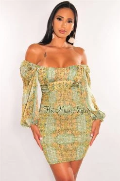 Vendor-unknown Green Print Off Shoulder Long Sleeve Smocked Dress Just In