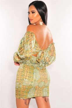 Vendor-unknown Green Print Off Shoulder Long Sleeve Smocked Dress Just In