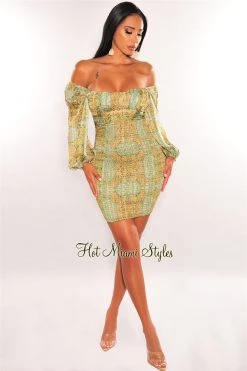 Vendor-unknown Green Print Off Shoulder Long Sleeve Smocked Dress Just In