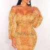 Vendor-unknown Orange Print Off Shoulder Long Sleeve Smocked Dress