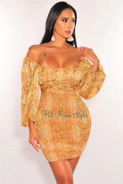 Vendor-unknown Orange Print Off Shoulder Long Sleeve Smocked Dress
